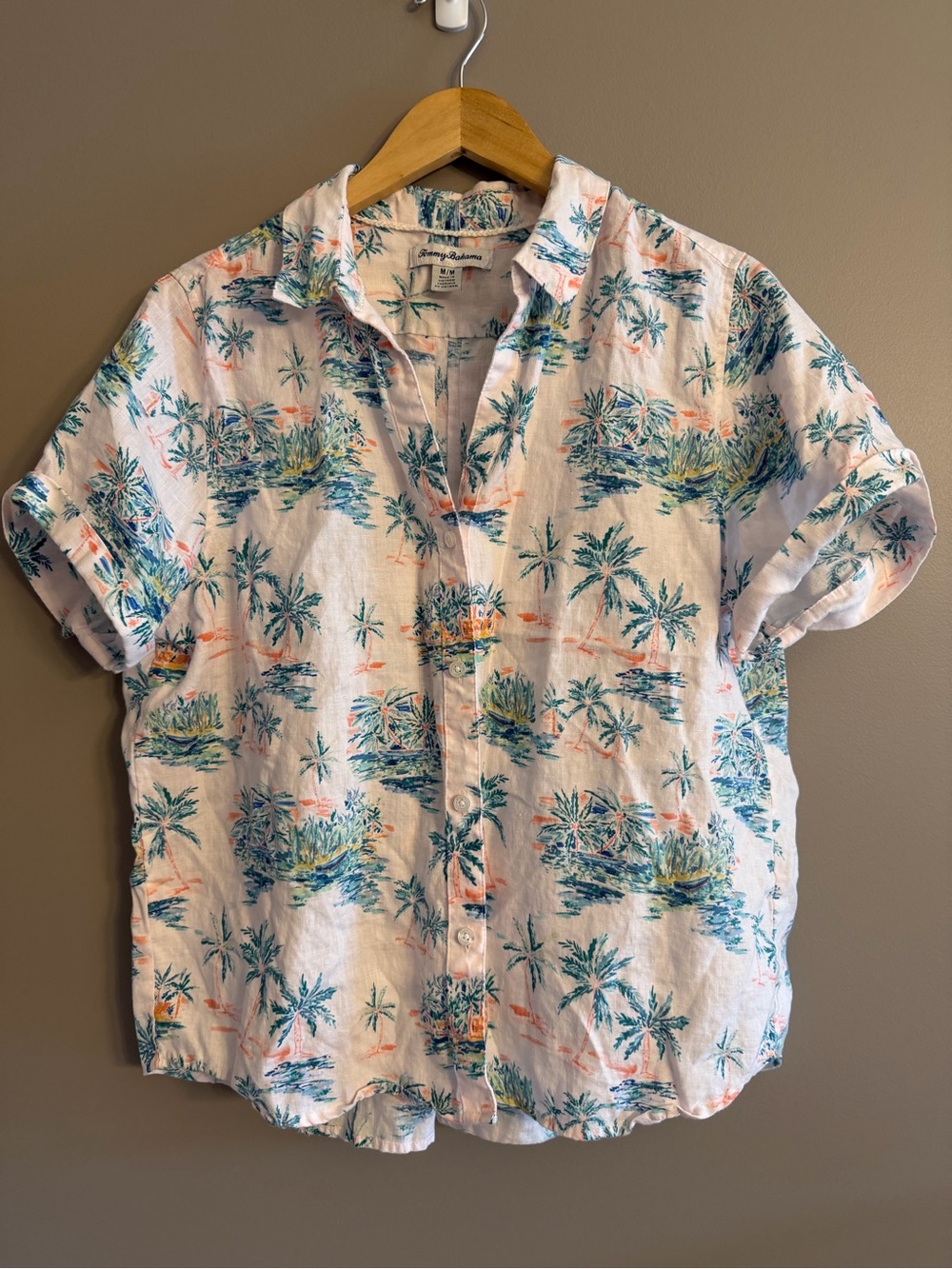 Tommy Bahama 100% Linen Tropical Palm Print Camp Shirt Medium M Watercolor Beach